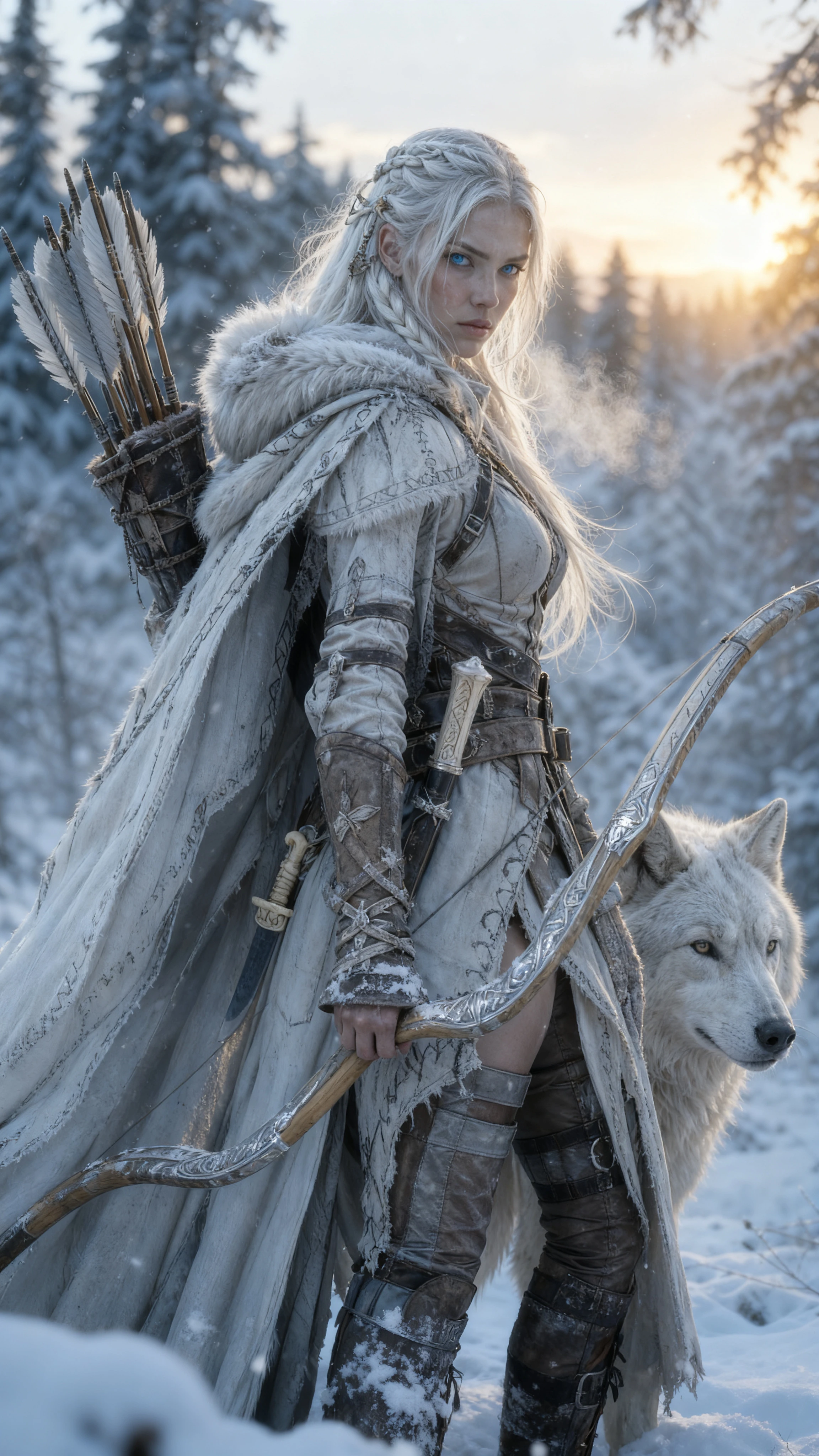 White haired huntress with wolf in a snowy forest