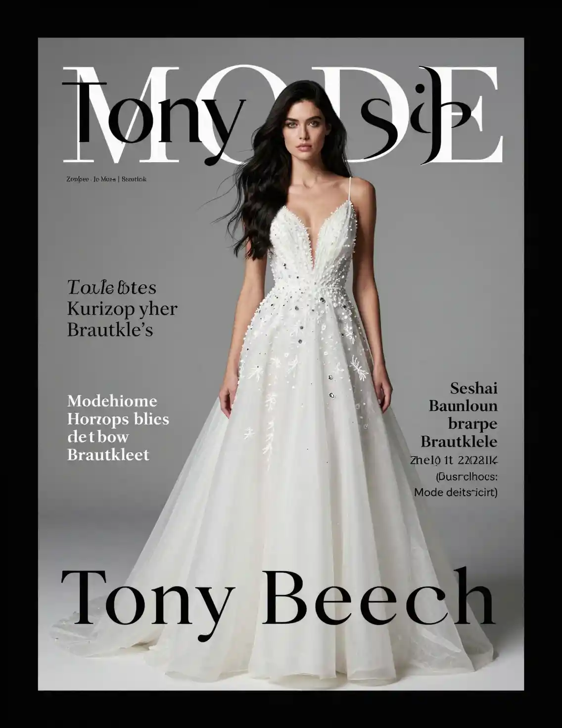 Fashion magazine cover with model in short white wedding dress