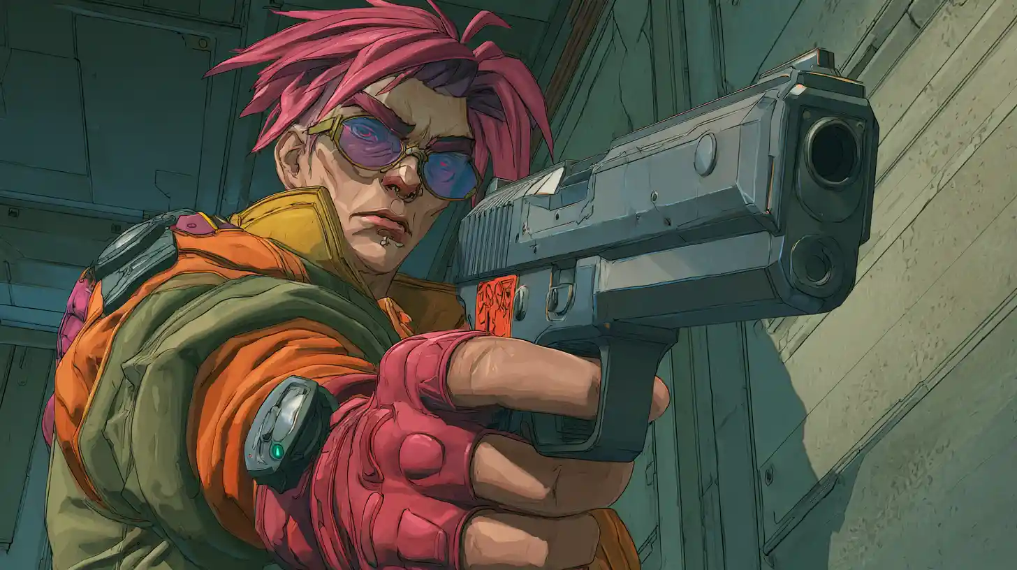Cyberpunk cyborg aiming a handgun in dynamic motion