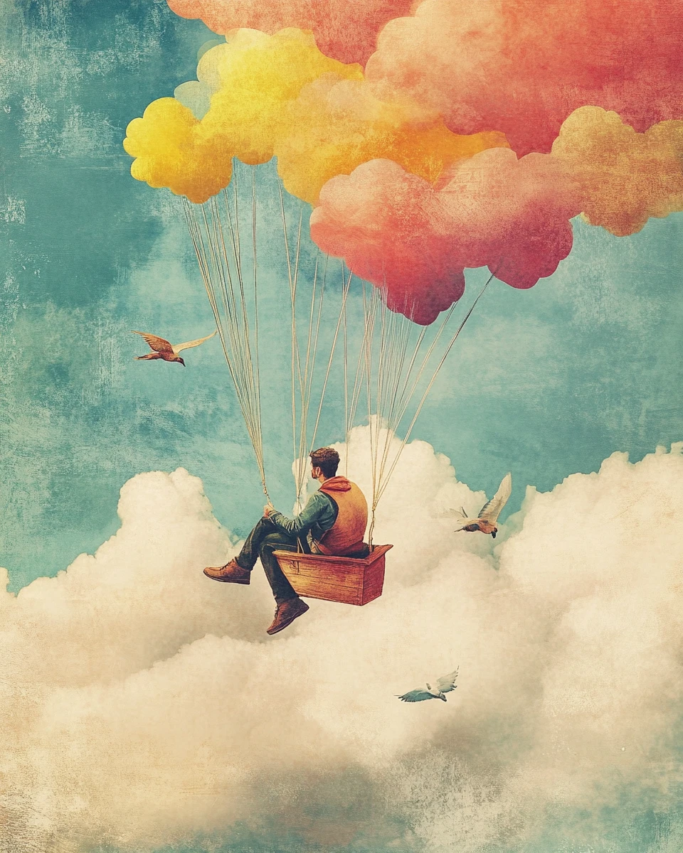 Joyful people riding fluffy clouds under bright sunshine