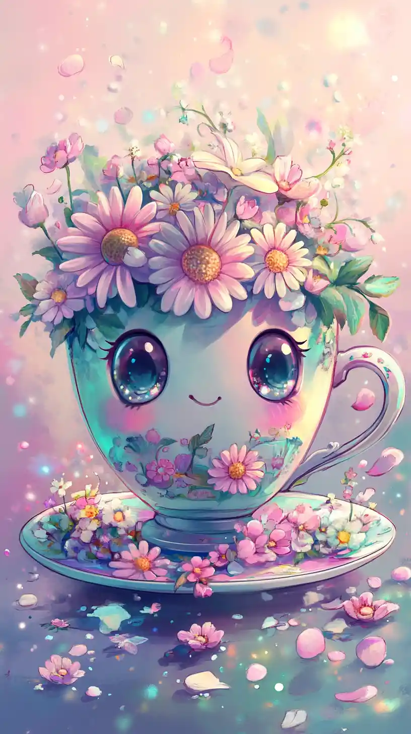 Cute floral teacup with wide eyed blossoms in pastel colors