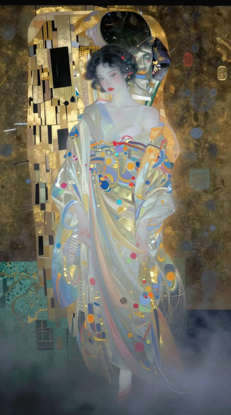 Ethereal woman in flowing kimono before fractured shoji screens