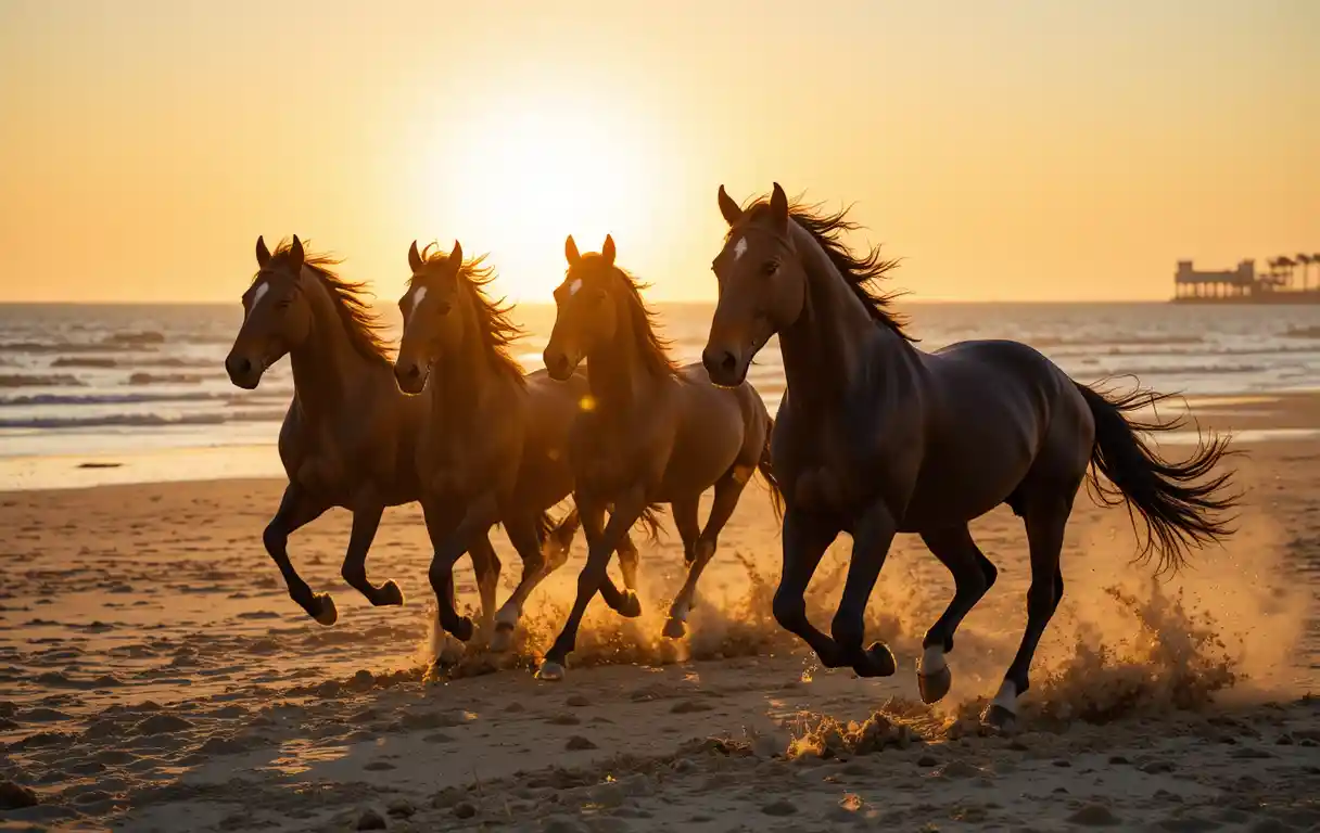 Black friesian horses running along a wide sandy beach at sunset