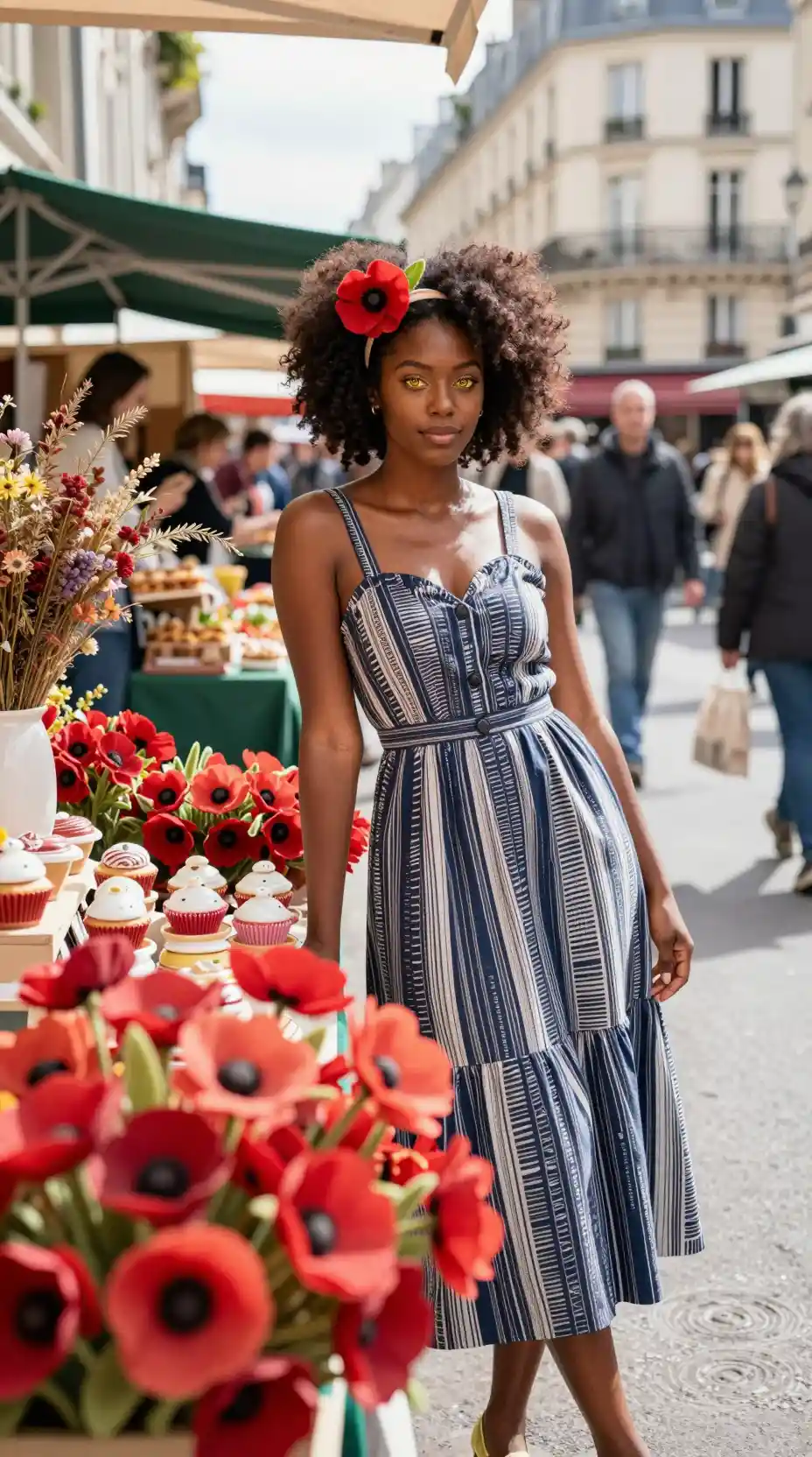Young woman at a Parisian street market stall with red poppies