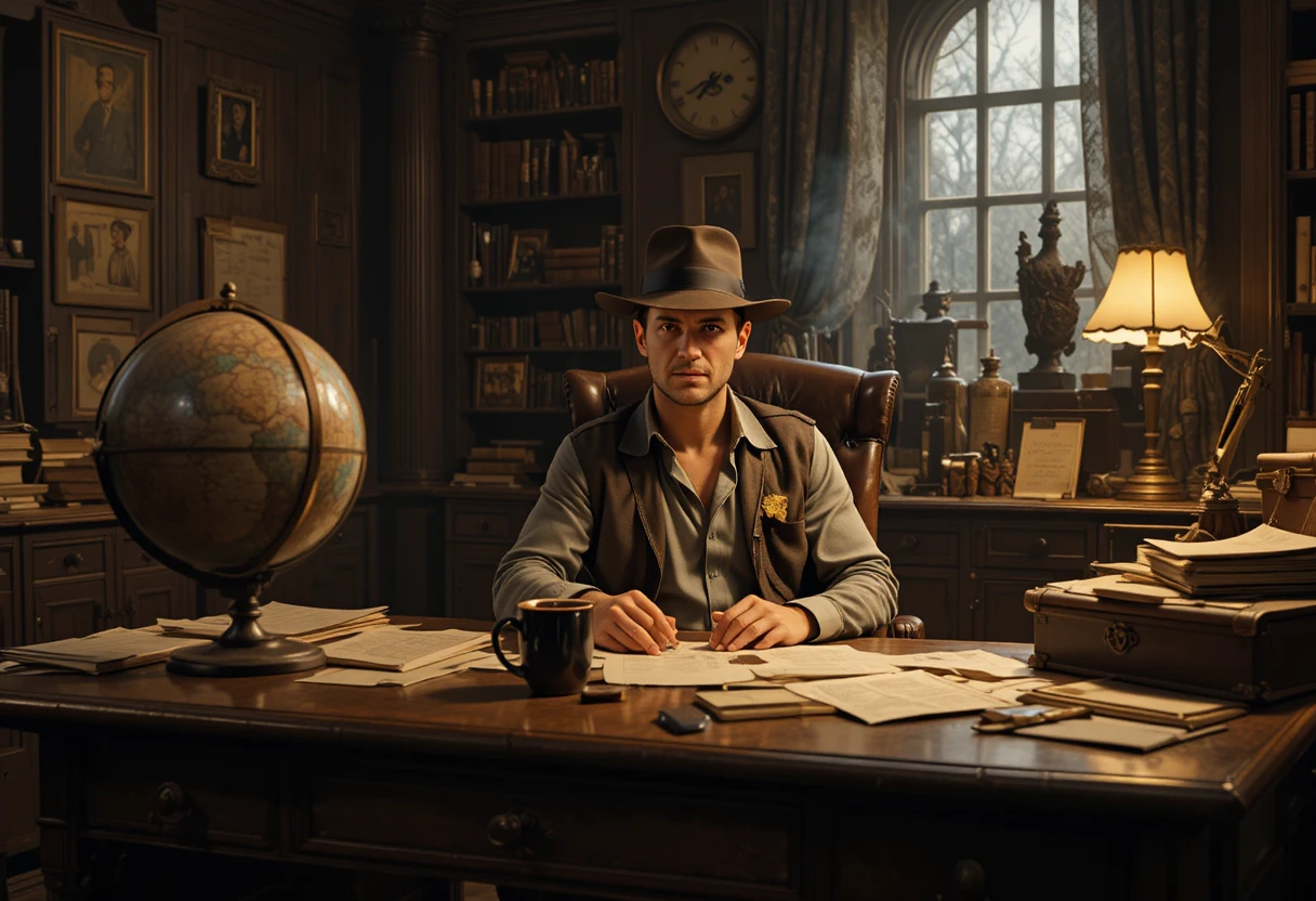Cozy Vintage Office With Man At Desk And Lamp Light