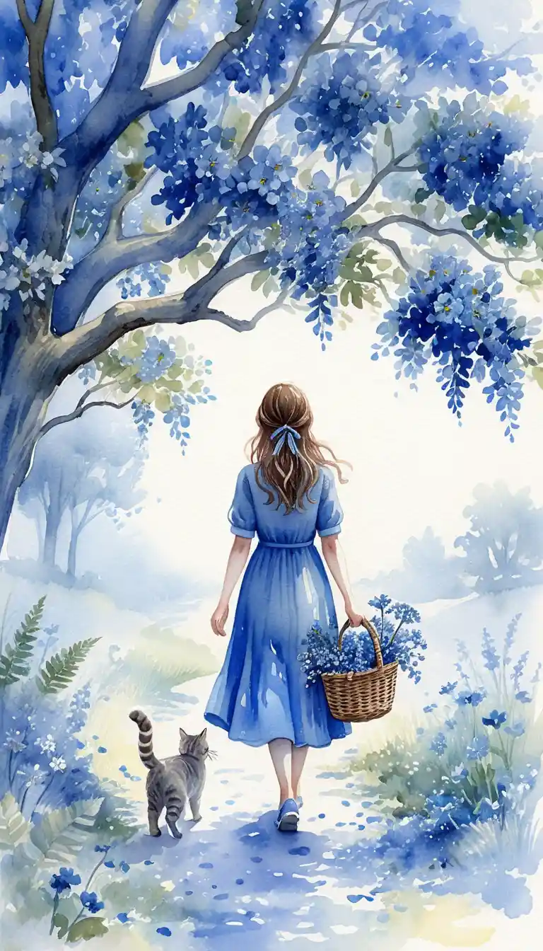 Ragazza in abito blu che cammina con un gatto sotto un albero in fiore