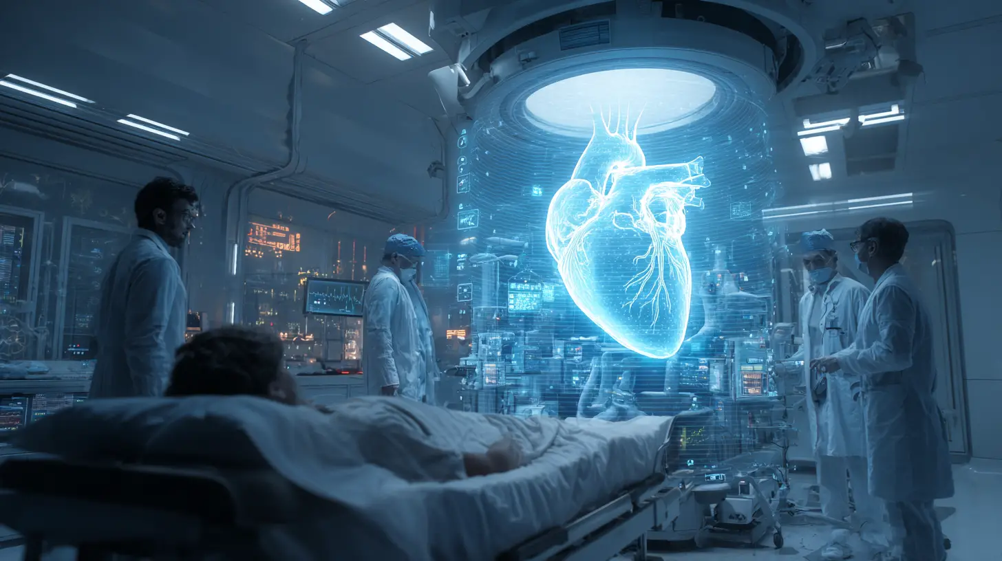 Stanza d’ospedale futuristica con ologramma del cuore del paziente