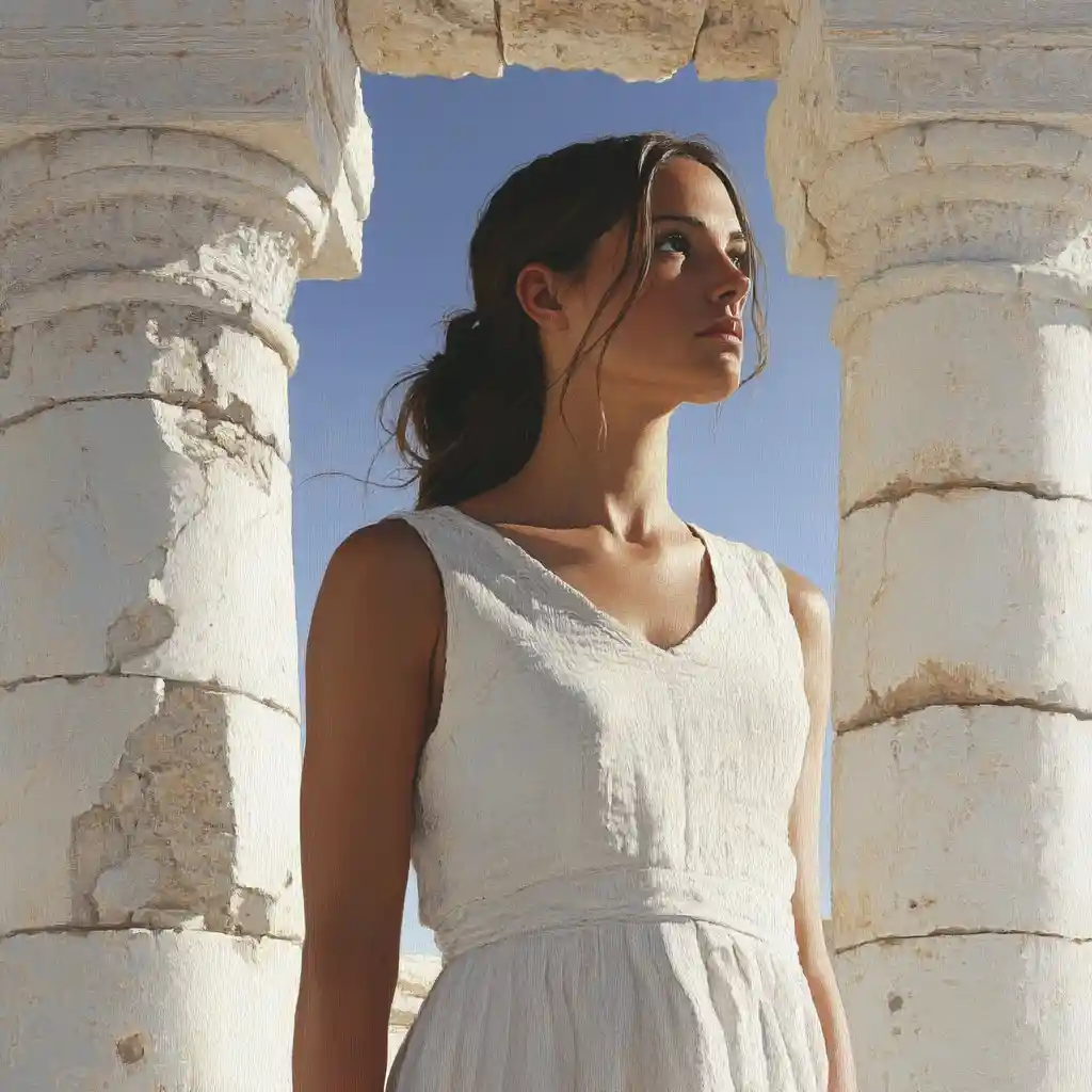 Woman on white column in ancient stone temple ruins