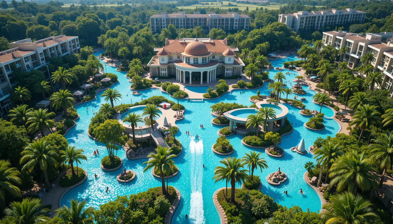 Aerial view of a tropical water park resort complex