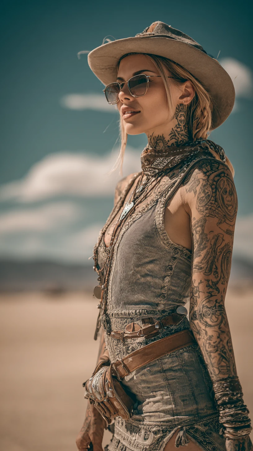 Surreal close up girl portrait with coachella style tattoos