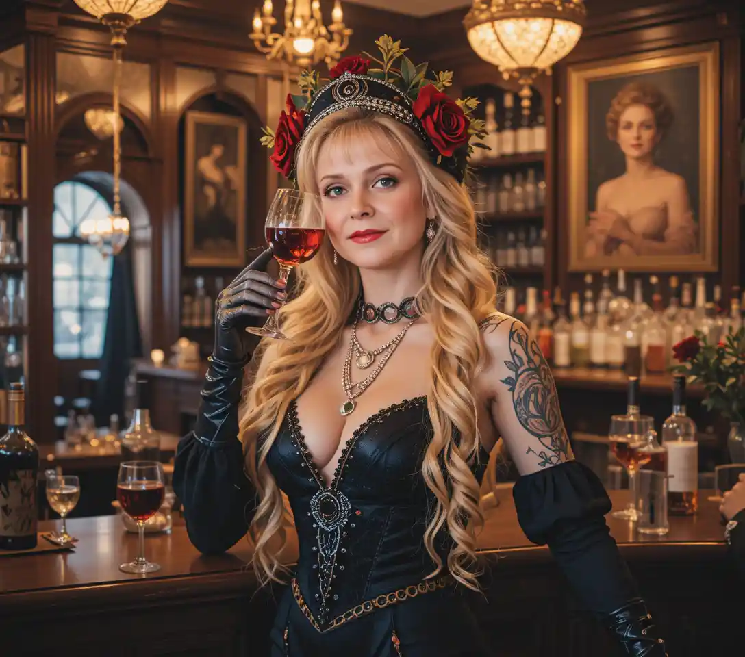 Glamorous vintage barmaid in 1910s fashion at hotel bar