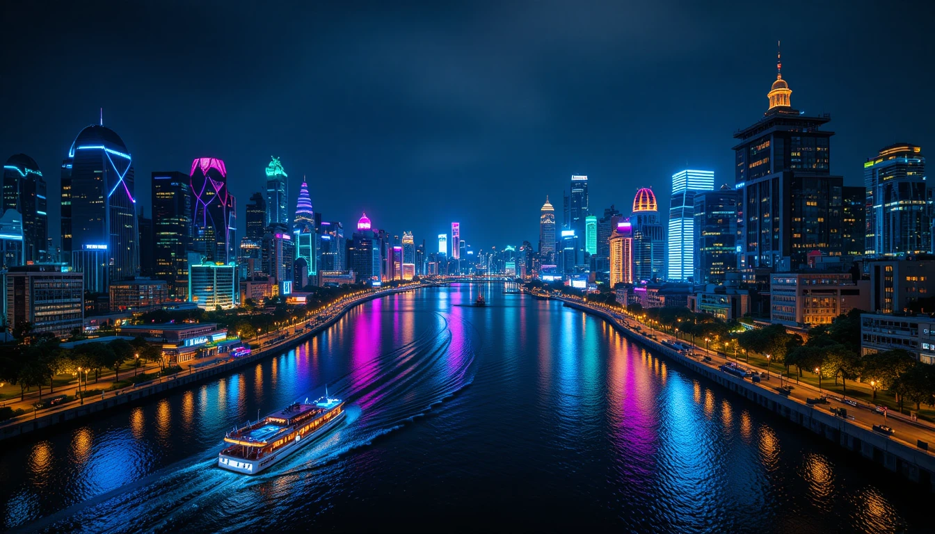 Vibrant neon city skyline reflected on a dark river