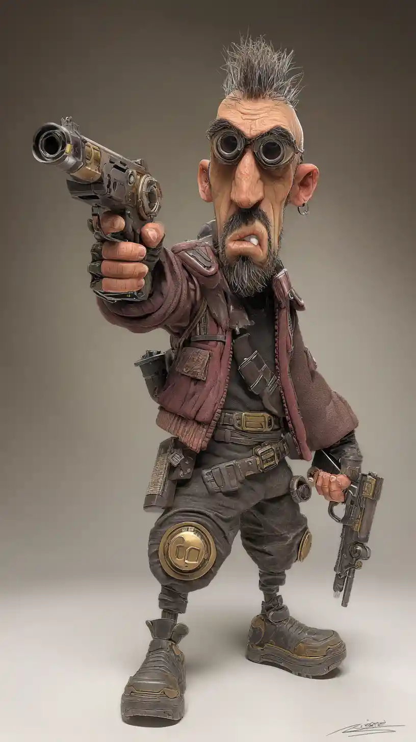 Cyberpunk cyborg hero in motion with raised handgun