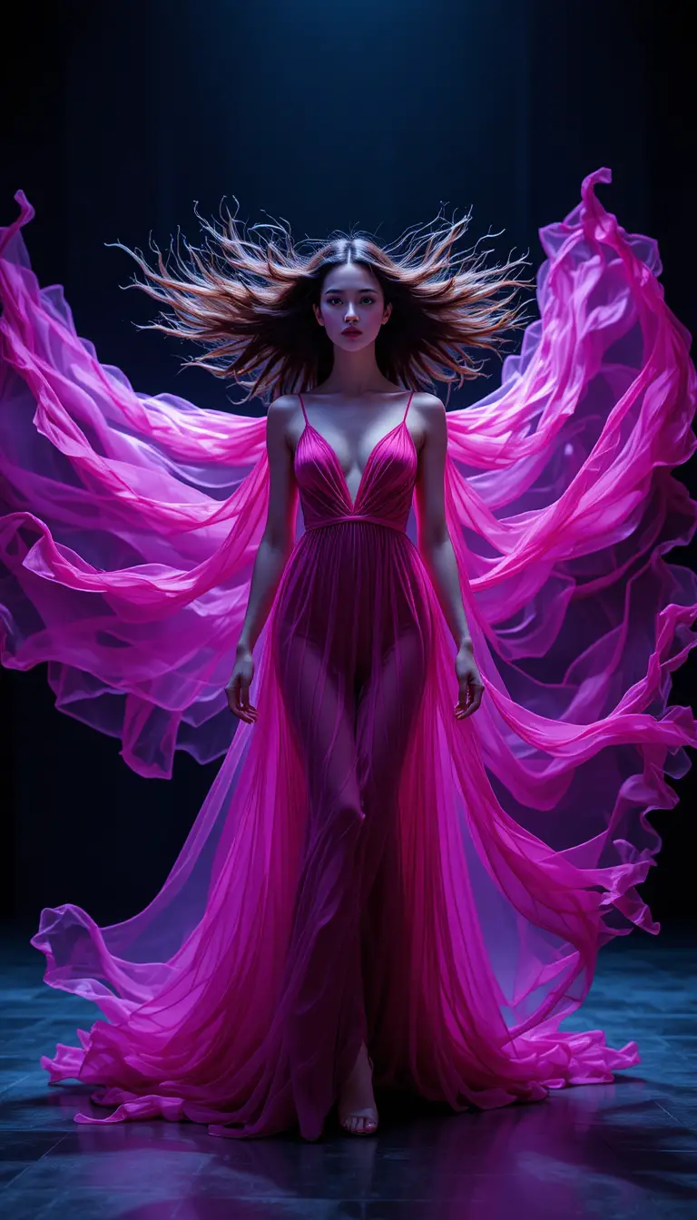 Glamorous woman in wind tunnel wearing flowing chiffon gown