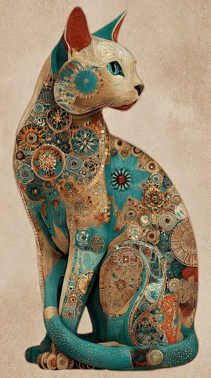 Mosaic steampunk cat with floral and celestial patterns