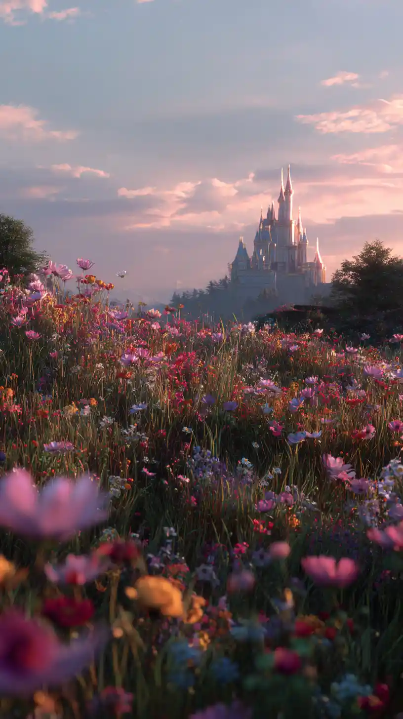 Blooming flower garden with distant castle at warm dusk