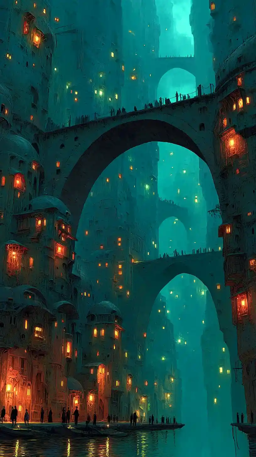 Dark fantasy city rising from glowing depths into void
