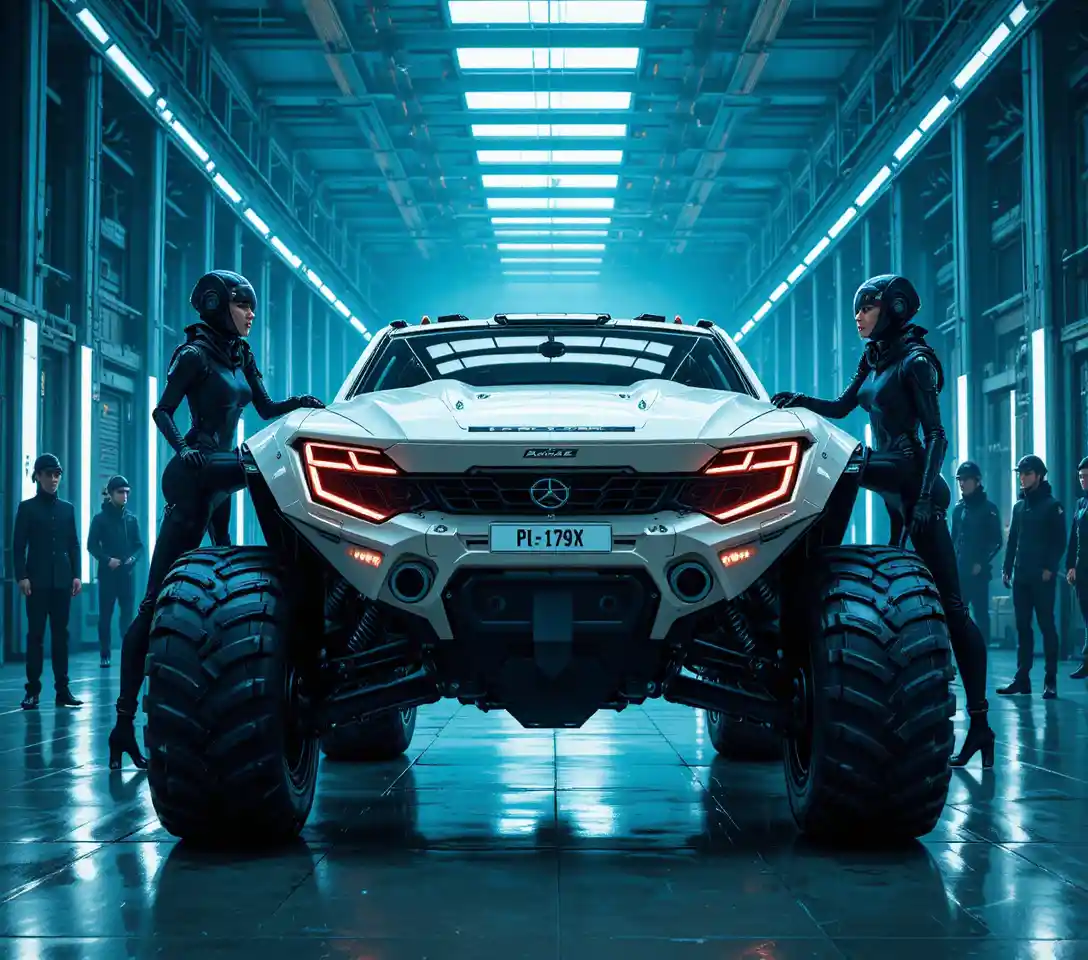 Futuristisches Offroad-Fahrzeug mit Wachen in Industriehalle
