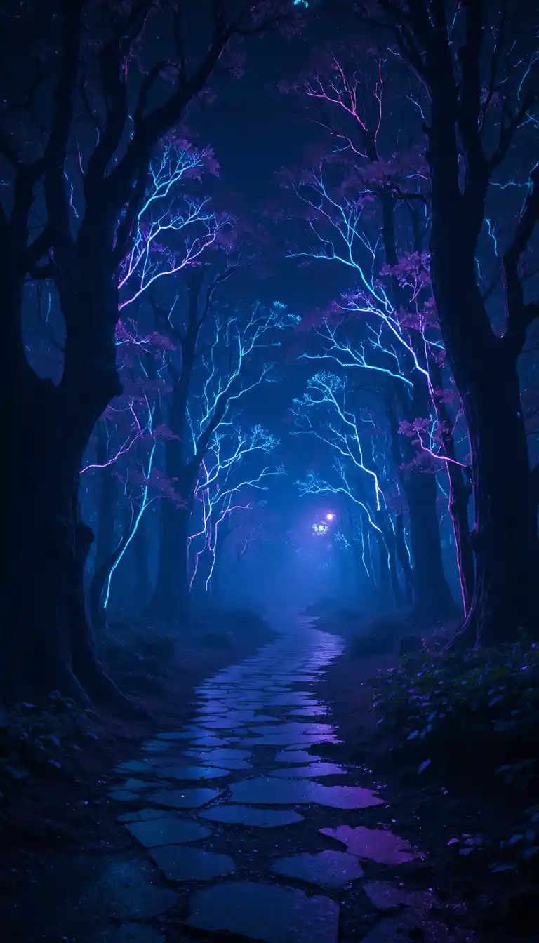 Mystical neon forest path glowing softly in the night