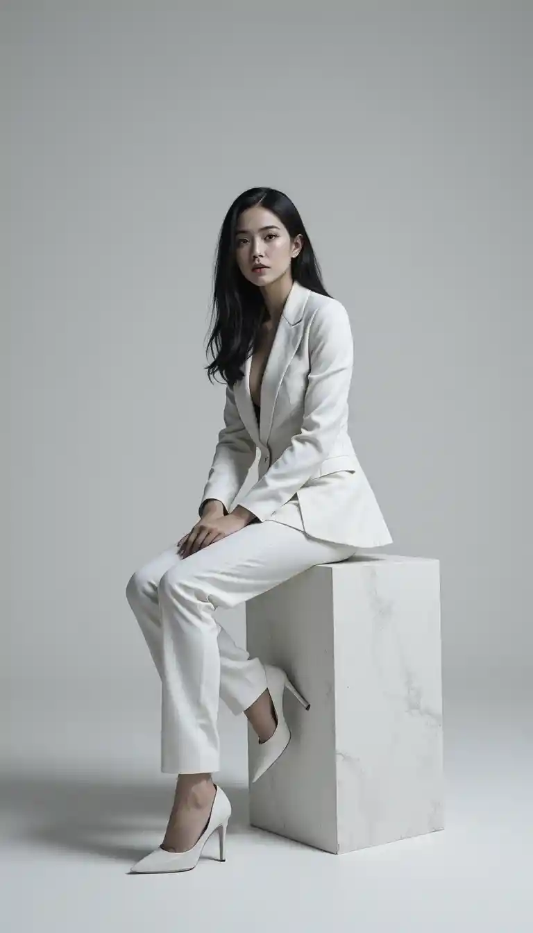 Mujer con traje blanco en una silla sobre fondo minimalista y luminoso