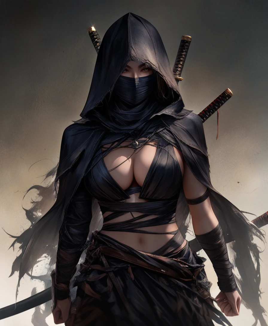 Fierce desert warrior woman in dark bandaged armor