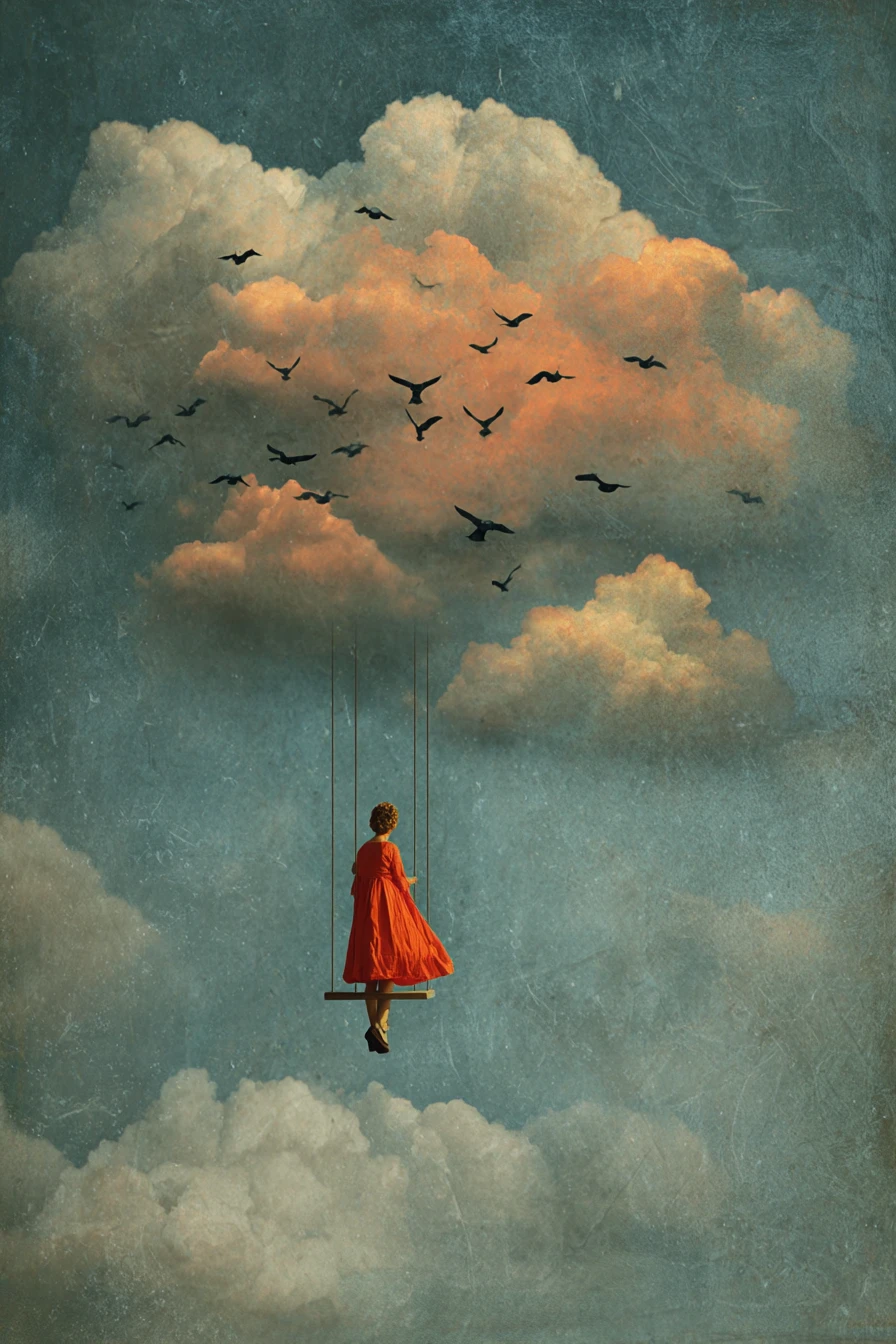 Joyful birds flying under a bright surreal sunlit sky