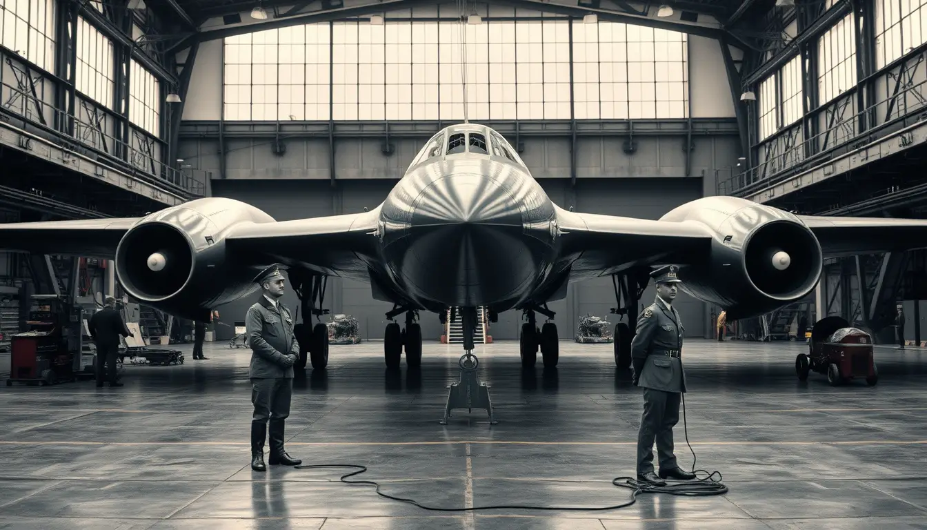 German engineers building experimental stealth bomber in hangar