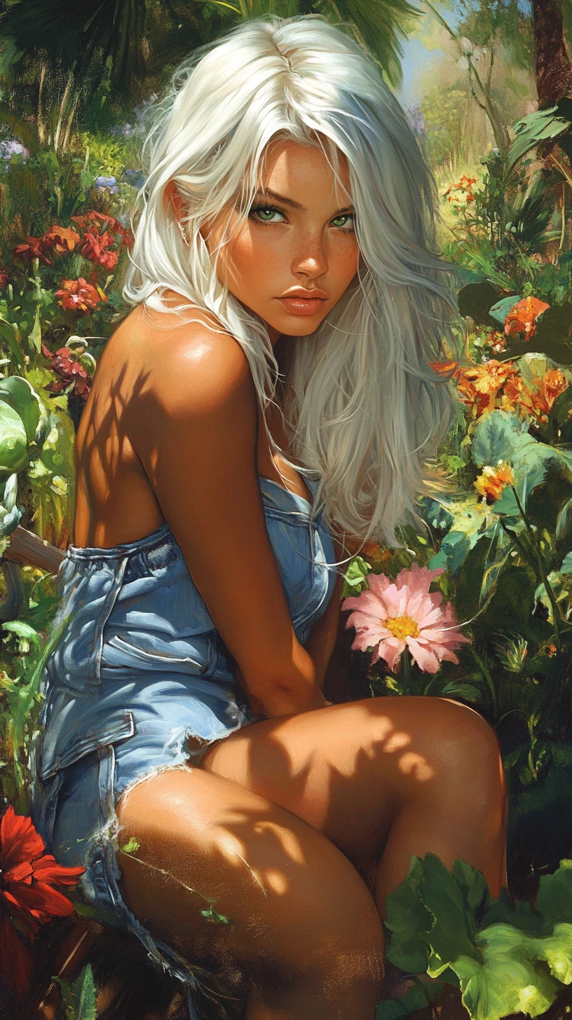 Tanned woman gardening in a lush fantasy style garden