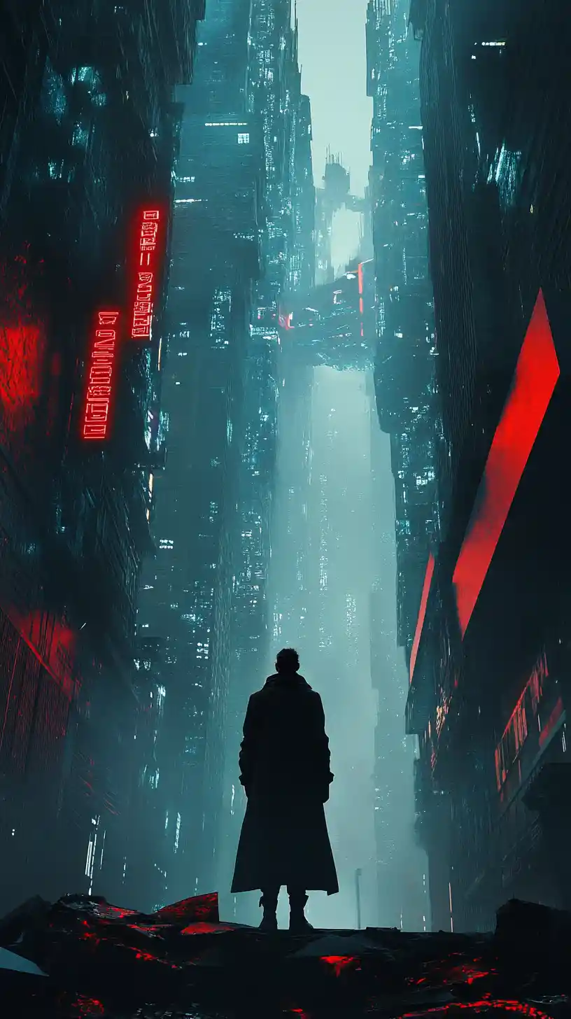 Lone man in cyberpunk alley under towering cityscape