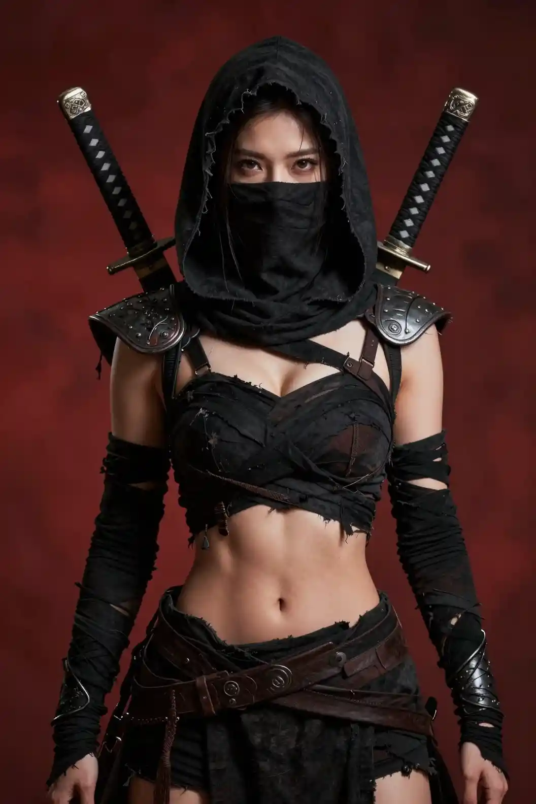 Hooded Desert Warrior Woman In Black Bandage Armor