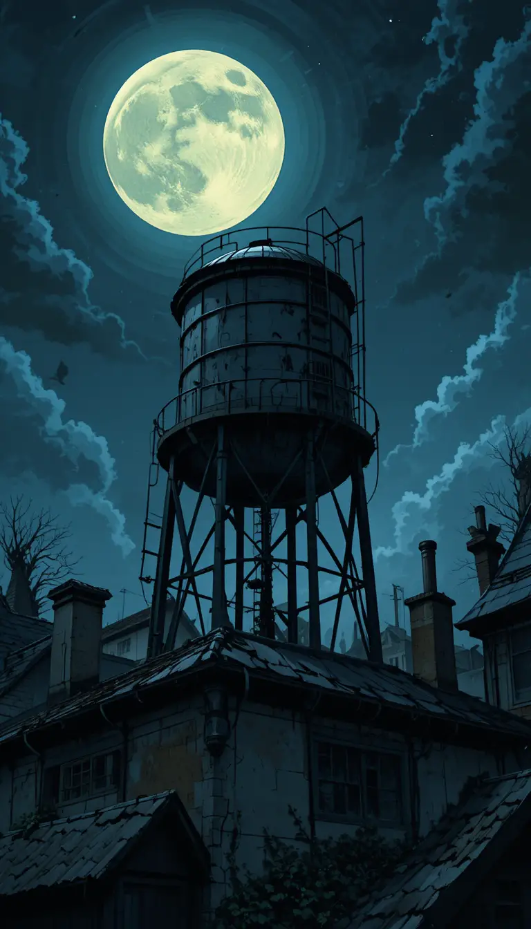 Creepy rooftop water tank under eerie moonlit night sky
