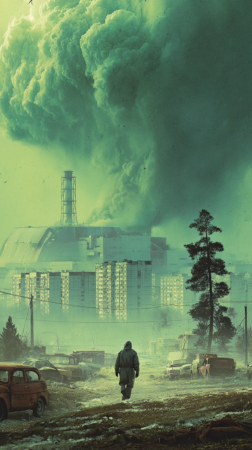 Ominous Chernobyl reactor ruins with lone hazmat figure