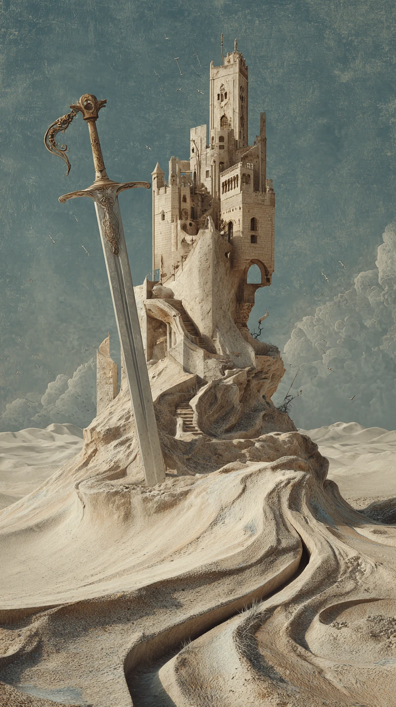 Warrior holding a sword beside a fragile sand castle
