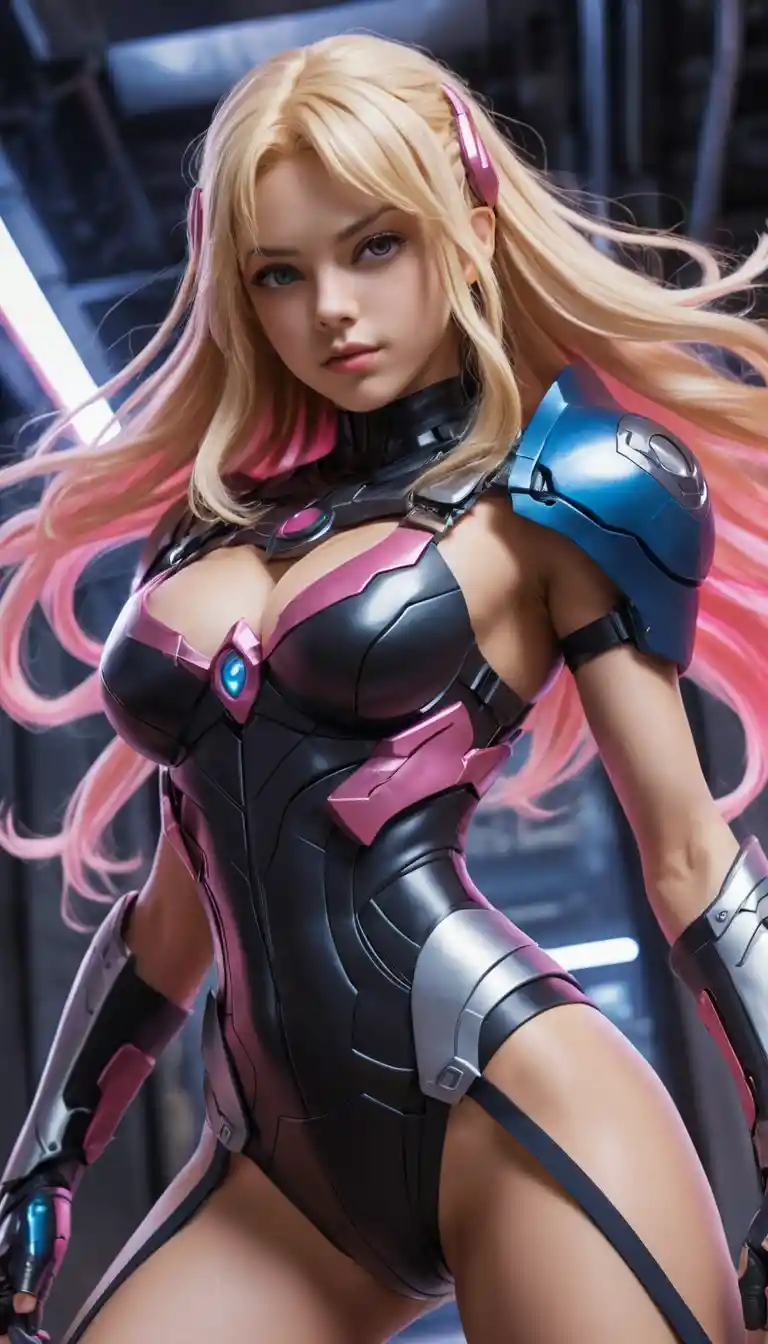 Mulher anime ciborgue com poder do trovão em armadura neon