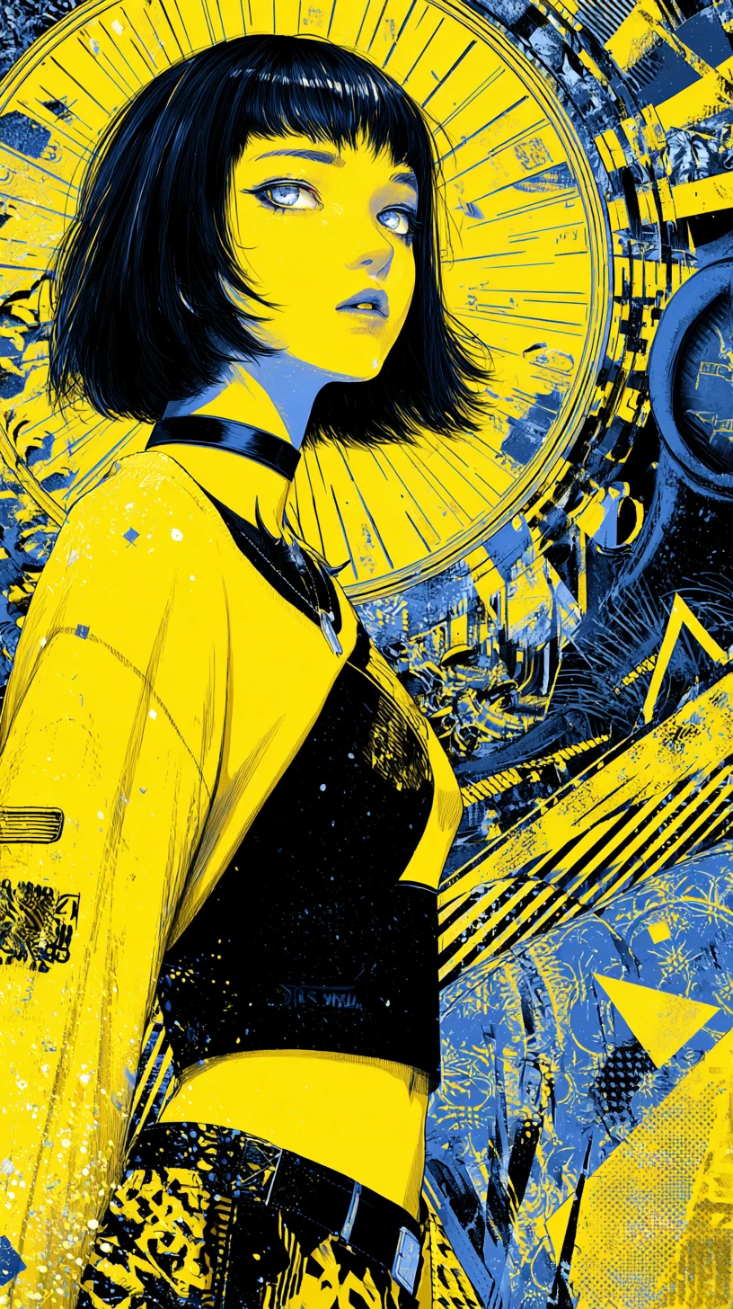Futuristic young woman in neon surreal digital vortex