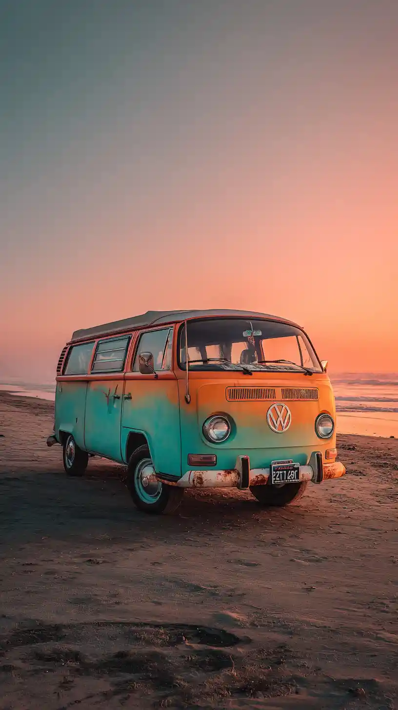 Furgone colorato parcheggiato su una tranquilla spiaggia al tramonto
