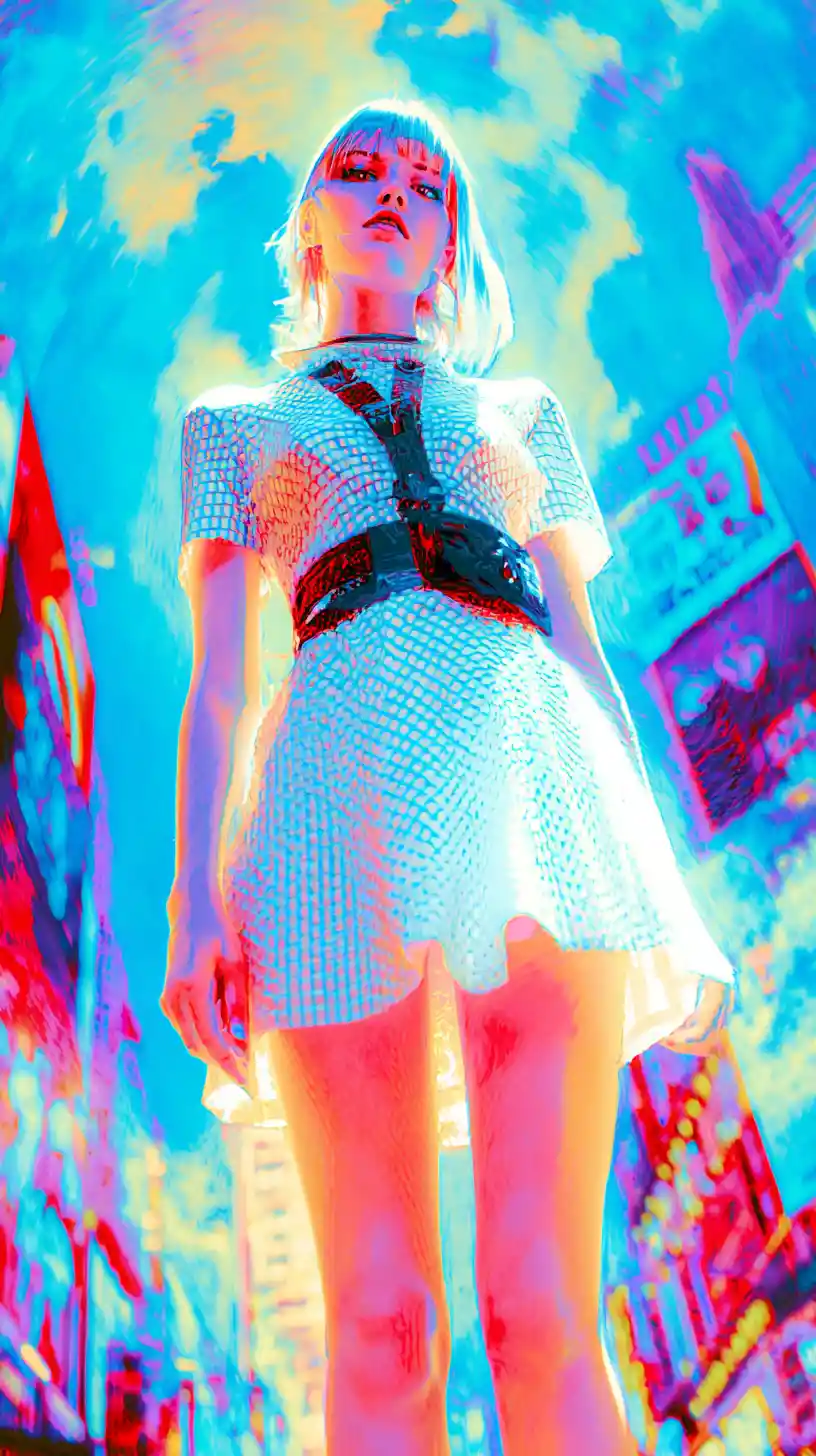 Futuristic young woman in full body with neon vortex