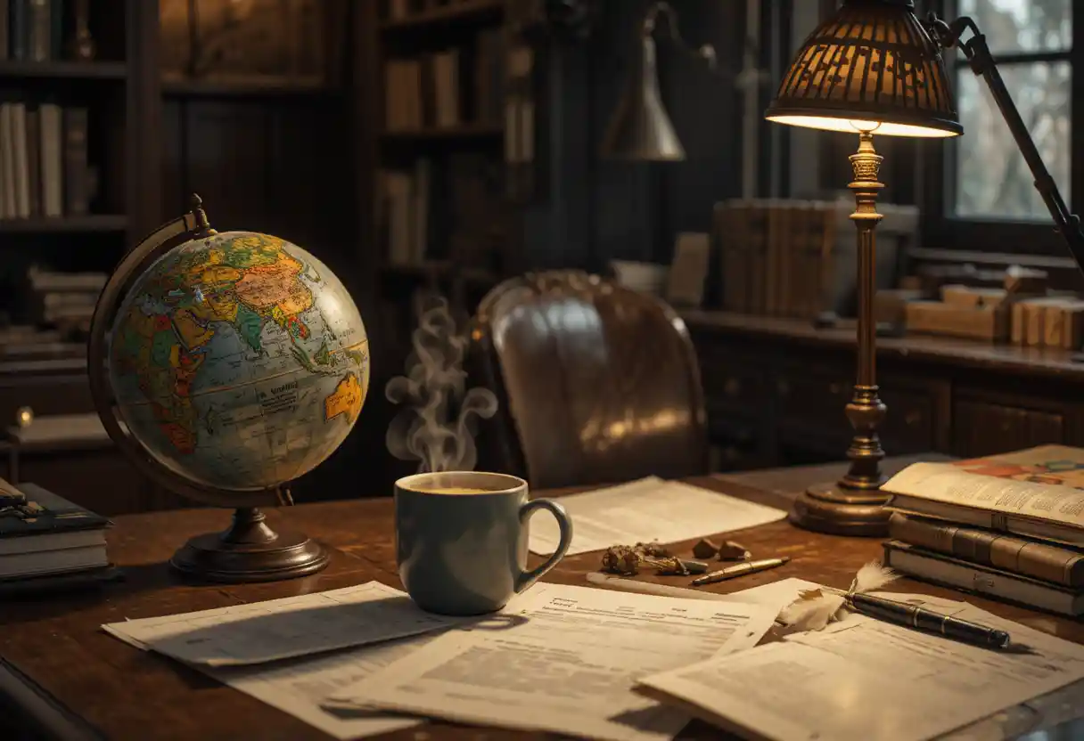 Cozy Vintage Office Desk With Globe And Steaming Coffee Mug