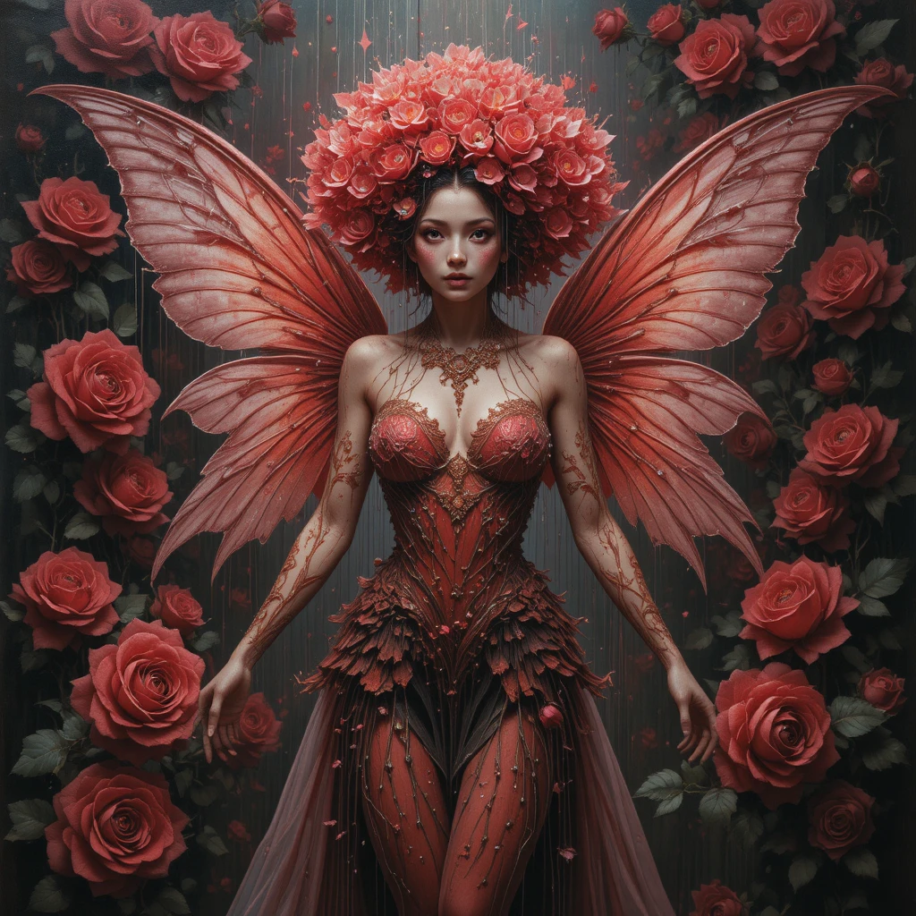 Rembrandt style fairy woman merging with red rose