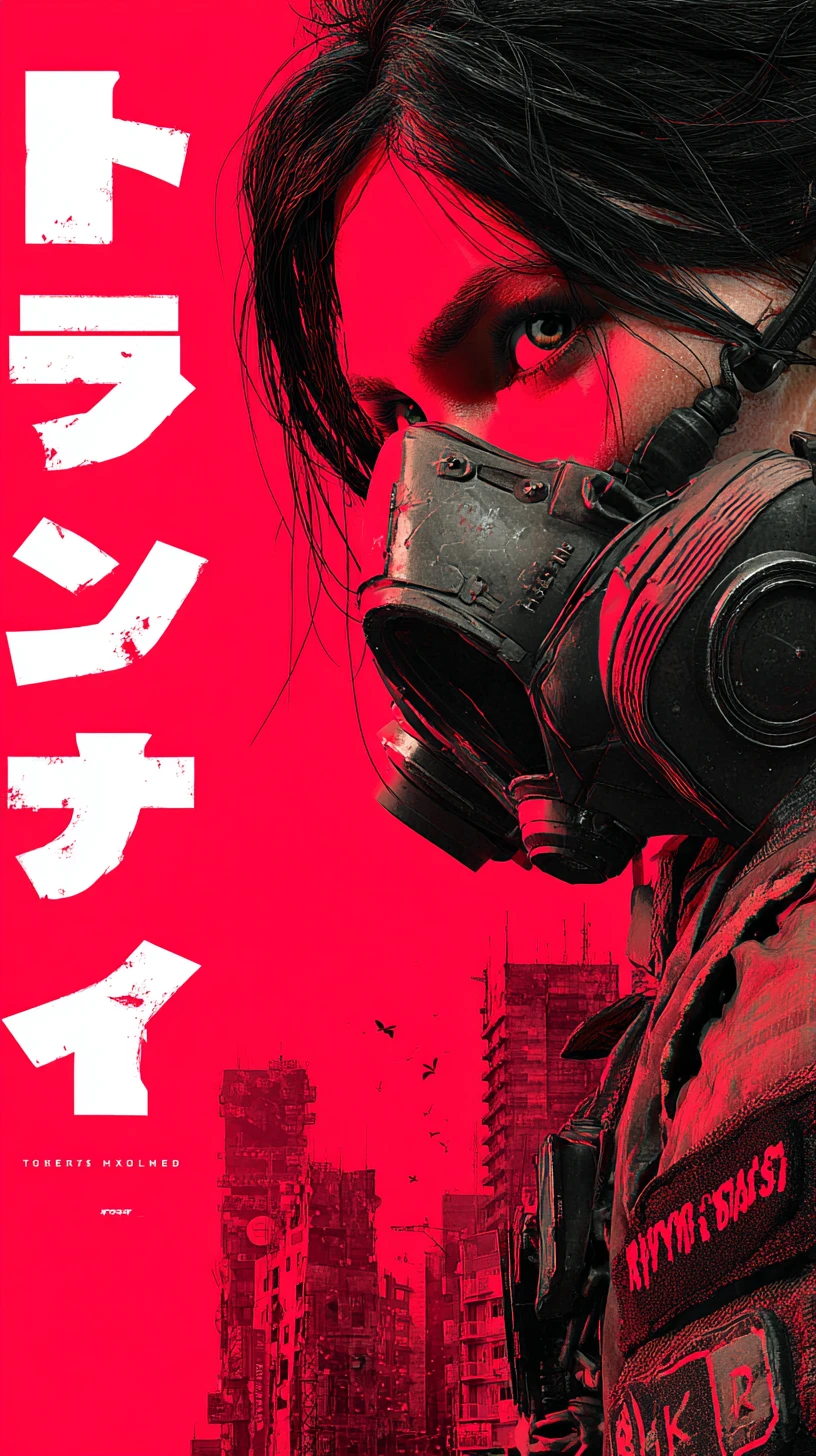 Masked cyberpunk woman in red dystopian city close up