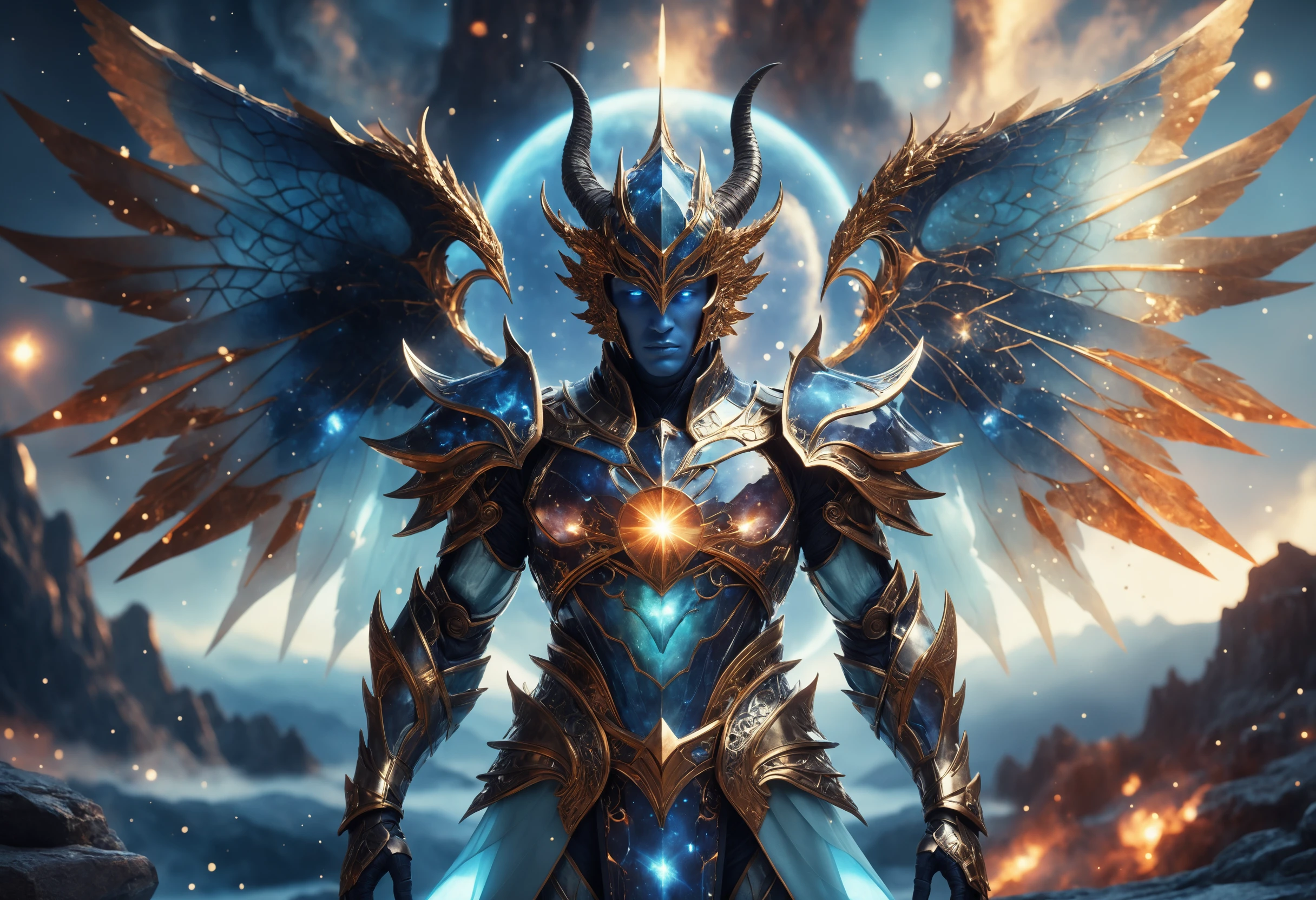Celestial horned warrior with radiant star core and wings