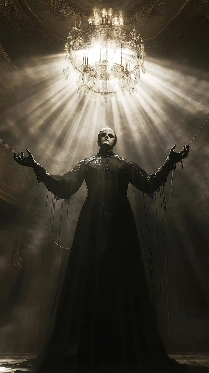 Masked figure on stage beneath a grand gothic chandelier