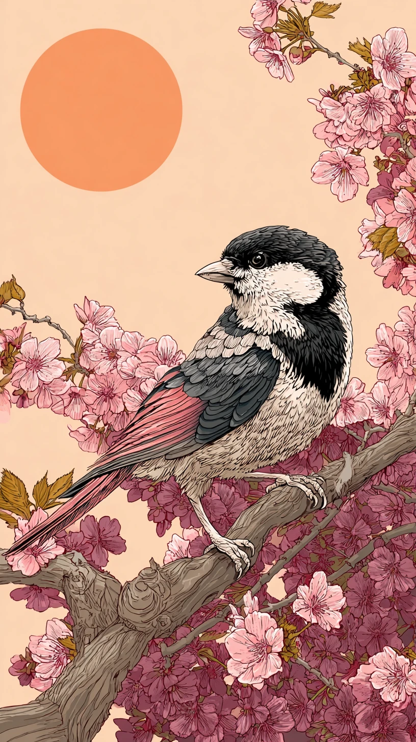 Pájaro lindo descansando en una rama de flor de cerezo al atardecer