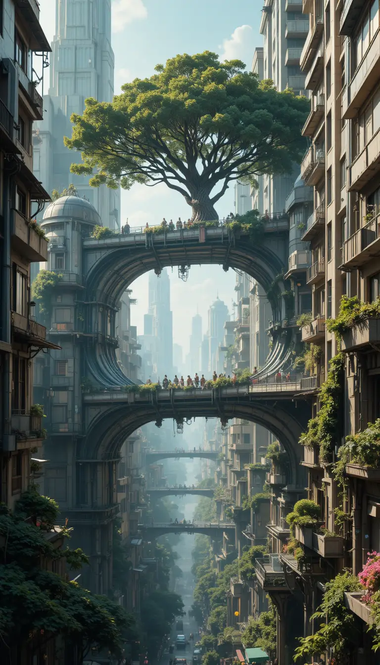 Futuristic solarpunk city with bridges and living architecture