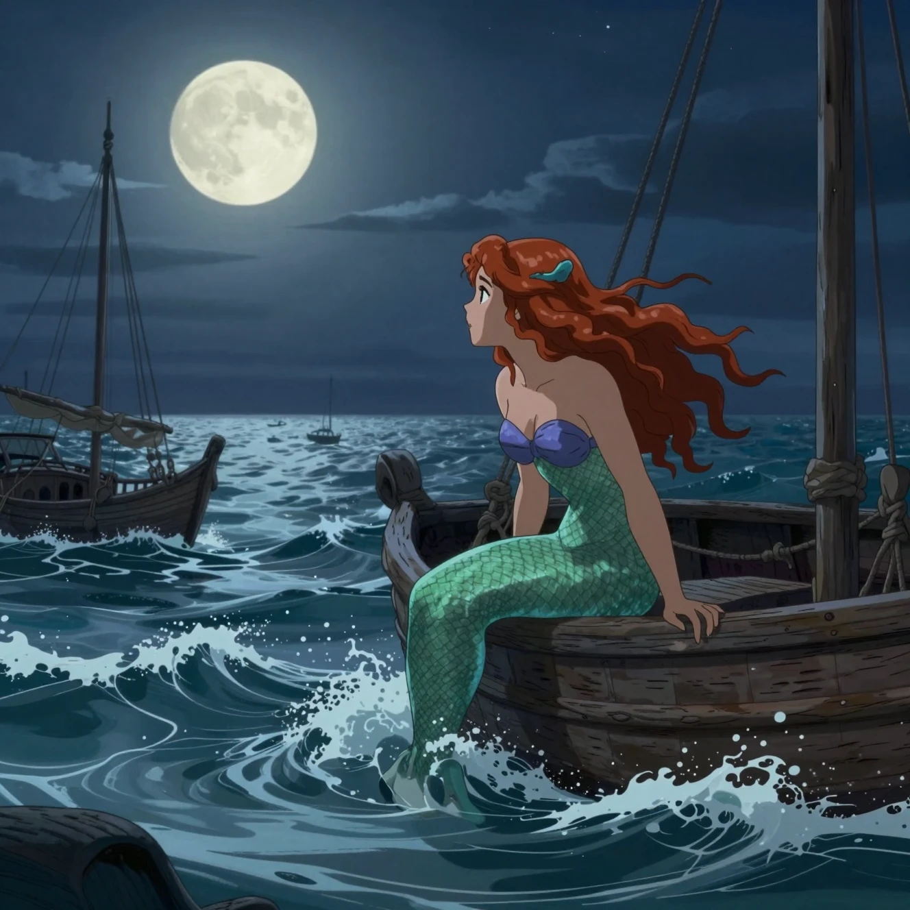 Mermaid Near Old Pirate Ship Under Bright Full Moon