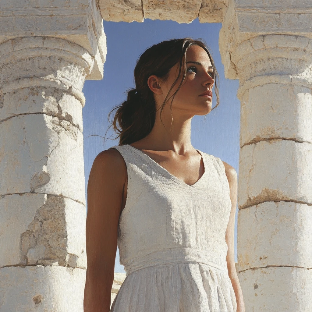 Woman on white column in ancient stone temple ruins