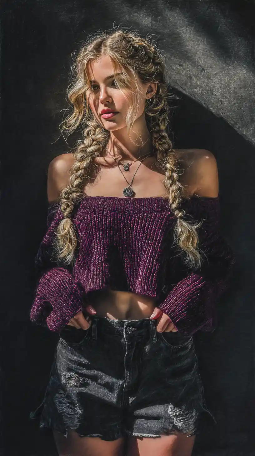 Retrato sóbrio de mulher loira com tranças em suéter roxo