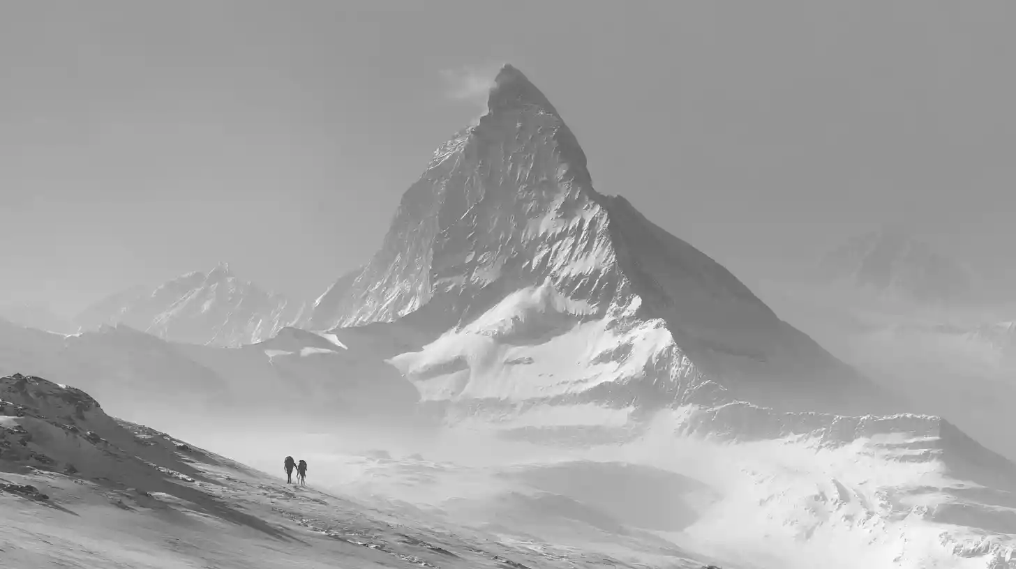 Distant aliens watching a snowy Zermatt mountain landscape