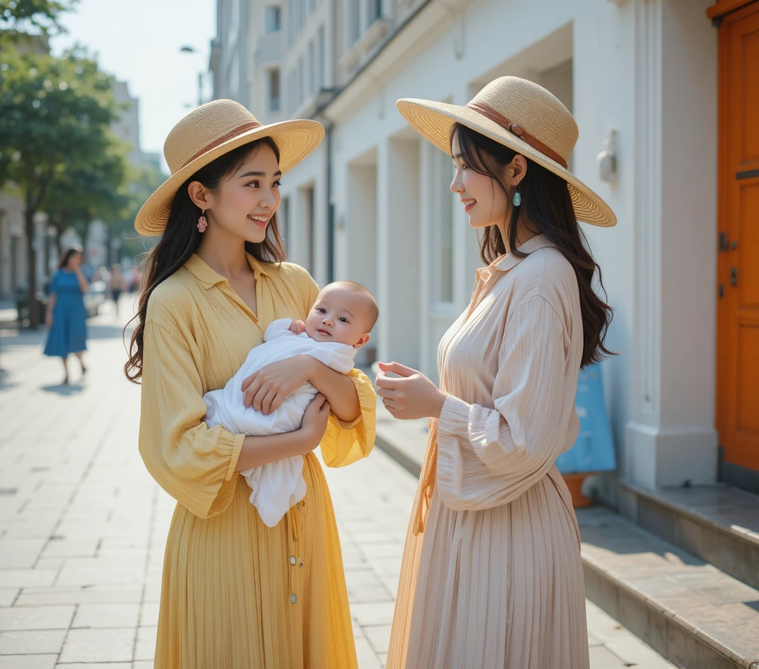 Dos mujeres con un bebé en una acera urbana soleada