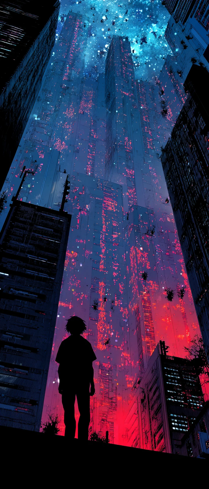 Anime hunter on rainy rooftop unveiling hidden neon city